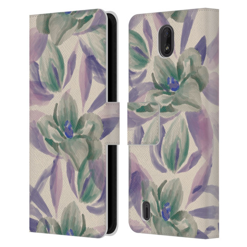 Anis Illustration Floral And Leaves Magnolias Paint Purple Leather Book Wallet Case Cover For Nokia C01 Plus/C1 2nd Edition