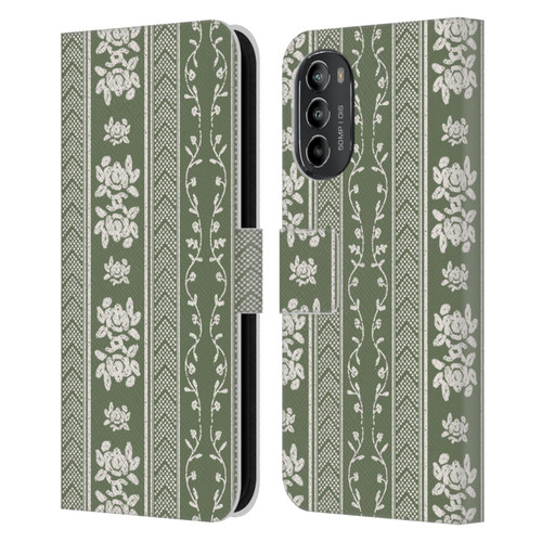 Anis Illustration Floral And Leaves Floral Stripes Green Leather Book Wallet Case Cover For Motorola Moto G82 5G
