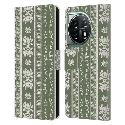 Anis Illustration Floral And Leaves Floral Stripes Green Leather Book Wallet Case Cover For OnePlus 11 5G