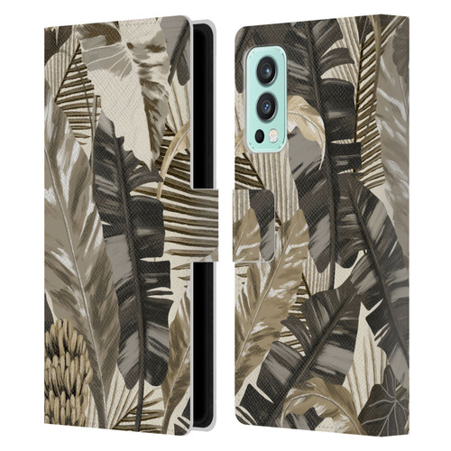 Anis Illustration Floral And Leaves Tropical Leaves Sepia Leather Book Wallet Case Cover For OnePlus Nord 2 5G
