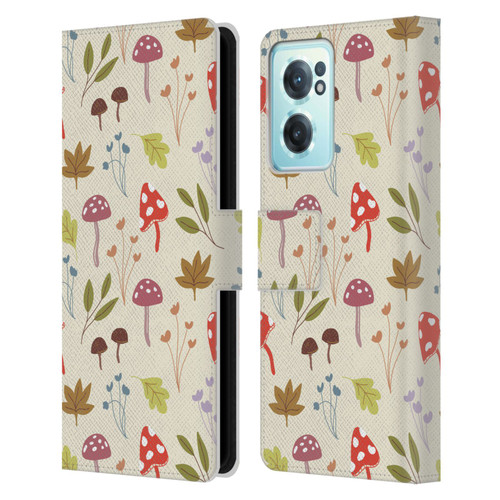 Anis Illustration Floral And Leaves Cute Mushrooms Leather Book Wallet Case Cover For OnePlus Nord CE 2 5G