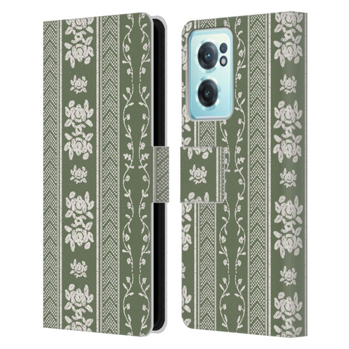 Anis Illustration Floral And Leaves Floral Stripes Green Leather Book Wallet Case Cover For OnePlus Nord CE 2 5G