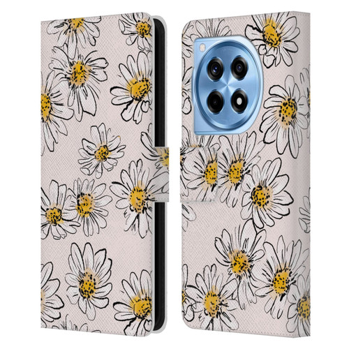 Anis Illustration Floral And Leaves Daisies Pink Pastel Leather Book Wallet Case Cover For OnePlus 12R