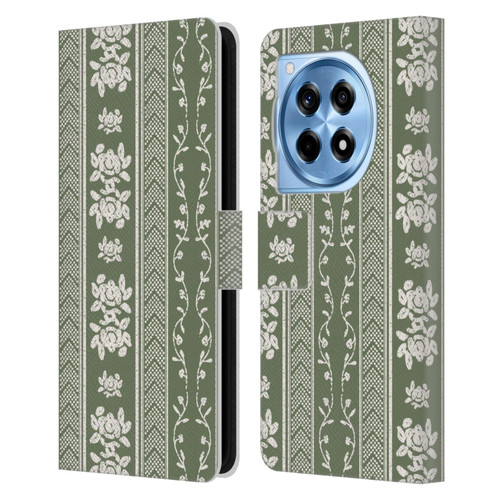 Anis Illustration Floral And Leaves Floral Stripes Green Leather Book Wallet Case Cover For OnePlus 12R