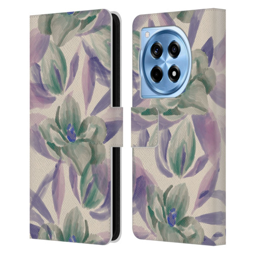 Anis Illustration Floral And Leaves Magnolias Paint Purple Leather Book Wallet Case Cover For OnePlus 12R