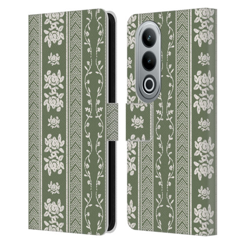 Anis Illustration Floral And Leaves Floral Stripes Green Leather Book Wallet Case Cover For OPPO OnePlus Ace 3V 5G