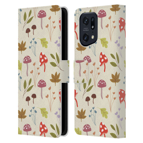 Anis Illustration Floral And Leaves Cute Mushrooms Leather Book Wallet Case Cover For OPPO Find X5 Pro