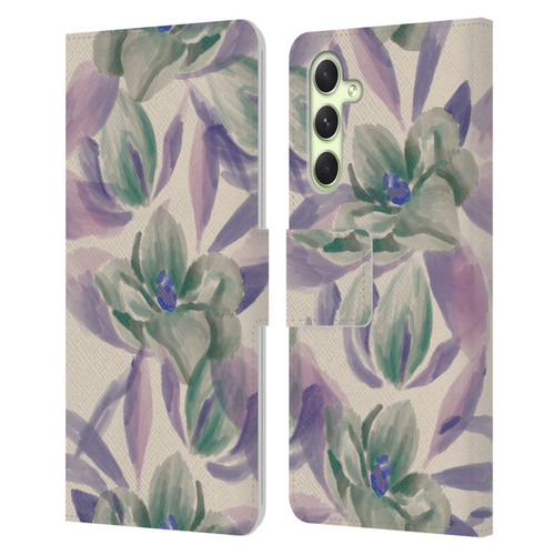 Anis Illustration Floral And Leaves Magnolias Paint Purple Leather Book Wallet Case Cover For Samsung Galaxy A54 5G