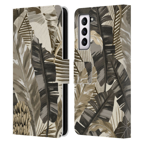 Anis Illustration Floral And Leaves Tropical Leaves Sepia Leather Book Wallet Case Cover For Samsung Galaxy S21 5G