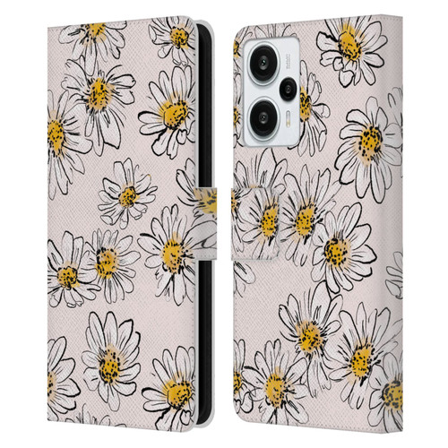 Anis Illustration Floral And Leaves Daisies Pink Pastel Leather Book Wallet Case Cover For Xiaomi Redmi Note 12T