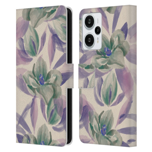 Anis Illustration Floral And Leaves Magnolias Paint Purple Leather Book Wallet Case Cover For Xiaomi Redmi Note 12T