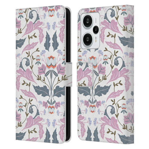 Anis Illustration Floral And Leaves Victorian Mirrored Pink Leather Book Wallet Case Cover For Xiaomi Redmi Note 12T
