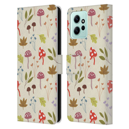 Anis Illustration Floral And Leaves Cute Mushrooms Leather Book Wallet Case Cover For Xiaomi Redmi 12