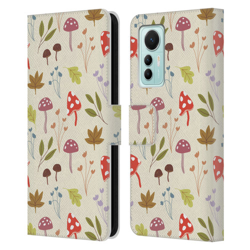 Anis Illustration Floral And Leaves Cute Mushrooms Leather Book Wallet Case Cover For Xiaomi 12 Lite