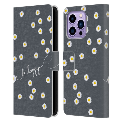 Monika Strigel Happy Daisy Grey Leather Book Wallet Case Cover For Apple iPhone 14 Pro Max