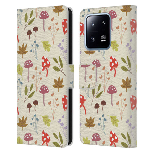 Anis Illustration Floral And Leaves Cute Mushrooms Leather Book Wallet Case Cover For Xiaomi 13 Pro 5G
