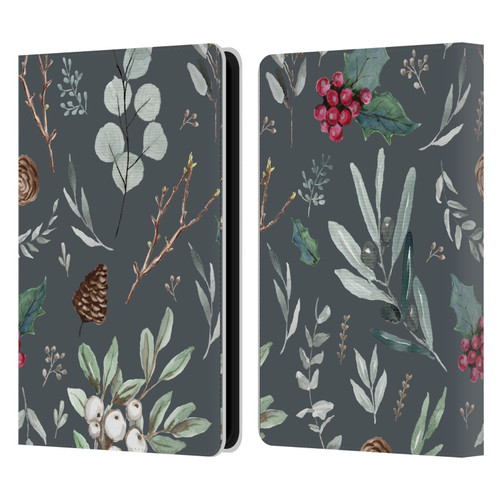 Anis Illustration Floral Pattern Christmas Eucalyptus Blue Leather Book Wallet Case Cover For Amazon Kindle Paperwhite 5 (2021)