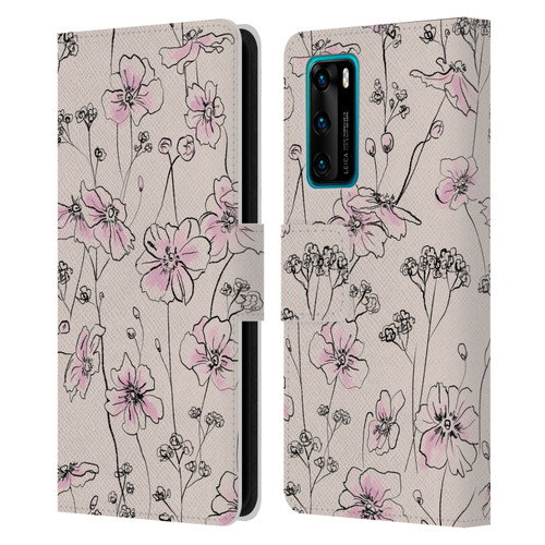 Anis Illustration Floral Pattern Wild Roses Beige Pink Leather Book Wallet Case Cover For Huawei P40 5G