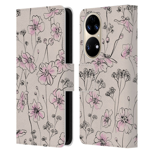 Anis Illustration Floral Pattern Wild Roses Beige Pink Leather Book Wallet Case Cover For Huawei P50