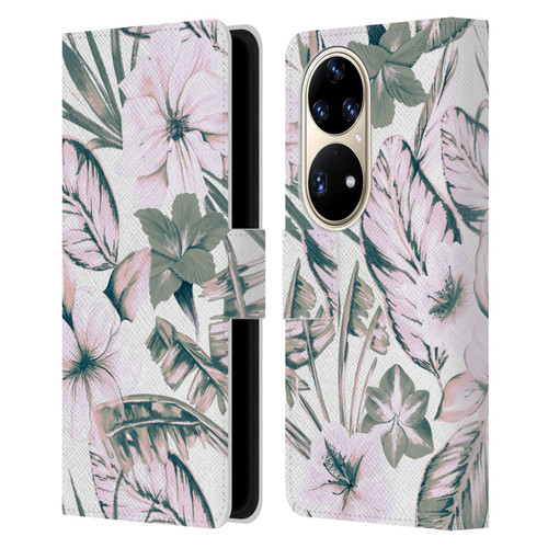 Anis Illustration Floral Pattern Pink Tropicals Leather Book Wallet Case Cover For Huawei P50 Pro
