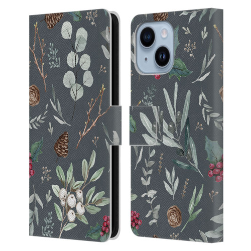 Anis Illustration Floral Pattern Christmas Eucalyptus Blue Leather Book Wallet Case Cover For Apple iPhone 14 Plus