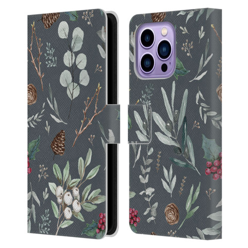 Anis Illustration Floral Pattern Christmas Eucalyptus Blue Leather Book Wallet Case Cover For Apple iPhone 14 Pro Max