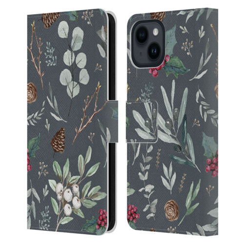 Anis Illustration Floral Pattern Christmas Eucalyptus Blue Leather Book Wallet Case Cover For Apple iPhone 15