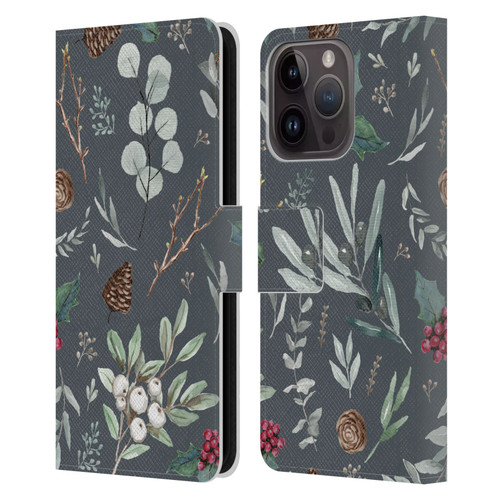 Anis Illustration Floral Pattern Christmas Eucalyptus Blue Leather Book Wallet Case Cover For Apple iPhone 15 Pro