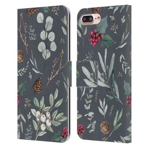 Anis Illustration Floral Pattern Christmas Eucalyptus Blue Leather Book Wallet Case Cover For Apple iPhone 7 Plus / iPhone 8 Plus