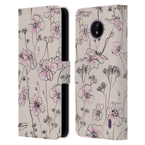 Anis Illustration Floral Pattern Wild Roses Beige Pink Leather Book Wallet Case Cover For Nokia C10 / C20