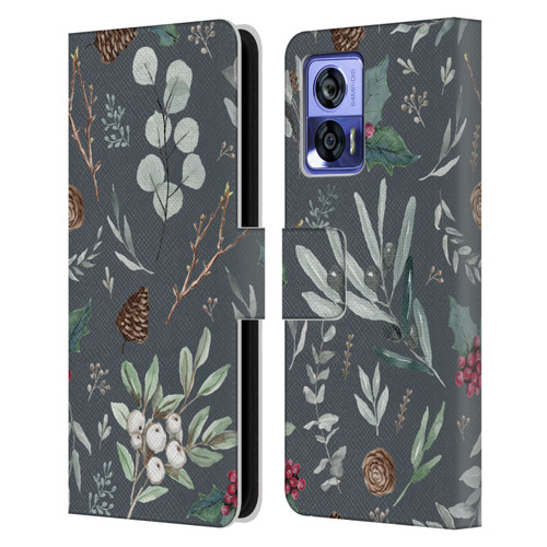 Anis Illustration Floral Pattern Christmas Eucalyptus Blue Leather Book Wallet Case Cover For Motorola Edge 30 Neo 5G