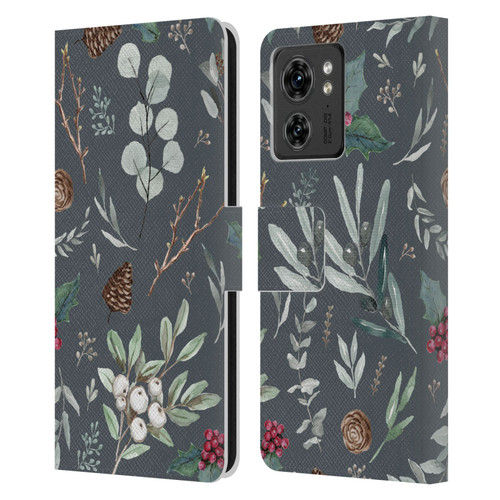 Anis Illustration Floral Pattern Christmas Eucalyptus Blue Leather Book Wallet Case Cover For Motorola Moto Edge 40