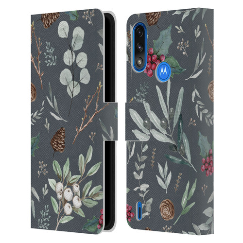Anis Illustration Floral Pattern Christmas Eucalyptus Blue Leather Book Wallet Case Cover For Motorola Moto E7 Power / Moto E7i Power