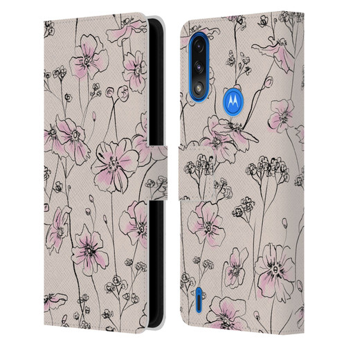 Anis Illustration Floral Pattern Wild Roses Beige Pink Leather Book Wallet Case Cover For Motorola Moto E7 Power / Moto E7i Power