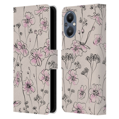 Anis Illustration Floral Pattern Wild Roses Beige Pink Leather Book Wallet Case Cover For OnePlus Nord N20 5G
