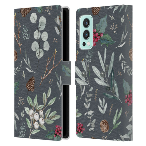 Anis Illustration Floral Pattern Christmas Eucalyptus Blue Leather Book Wallet Case Cover For OnePlus Nord 2 5G