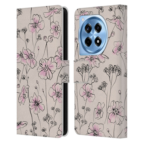 Anis Illustration Floral Pattern Wild Roses Beige Pink Leather Book Wallet Case Cover For OnePlus 12R