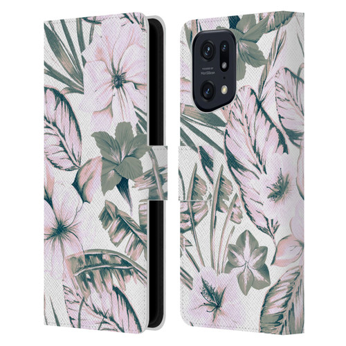Anis Illustration Floral Pattern Pink Tropicals Leather Book Wallet Case Cover For OPPO Find X5 Pro