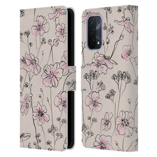 Anis Illustration Floral Pattern Wild Roses Beige Pink Leather Book Wallet Case Cover For OPPO A54 5G