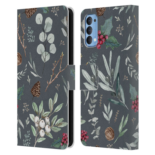 Anis Illustration Floral Pattern Christmas Eucalyptus Blue Leather Book Wallet Case Cover For OPPO Reno 4 5G