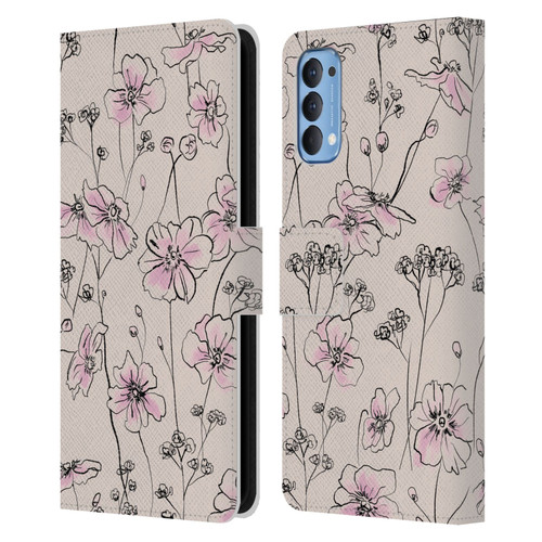 Anis Illustration Floral Pattern Wild Roses Beige Pink Leather Book Wallet Case Cover For OPPO Reno 4 5G