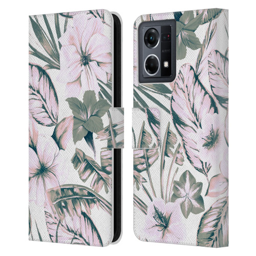 Anis Illustration Floral Pattern Pink Tropicals Leather Book Wallet Case Cover For OPPO Reno8 4G