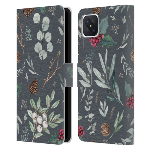 Anis Illustration Floral Pattern Christmas Eucalyptus Blue Leather Book Wallet Case Cover For OPPO Reno4 Z 5G