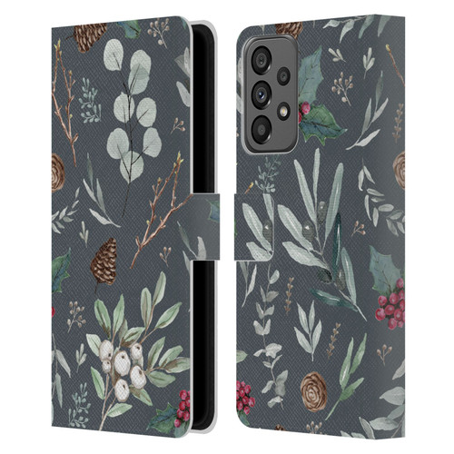 Anis Illustration Floral Pattern Christmas Eucalyptus Blue Leather Book Wallet Case Cover For Samsung Galaxy A73 5G (2022)