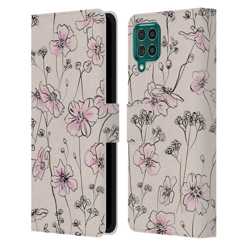 Anis Illustration Floral Pattern Wild Roses Beige Pink Leather Book Wallet Case Cover For Samsung Galaxy F62 (2021)