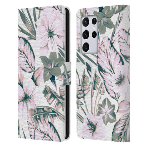 Anis Illustration Floral Pattern Pink Tropicals Leather Book Wallet Case Cover For Samsung Galaxy S21 Ultra 5G