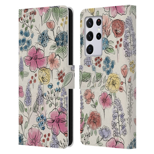 Anis Illustration Floral Pattern Wild Garden Leather Book Wallet Case Cover For Samsung Galaxy S21 Ultra 5G