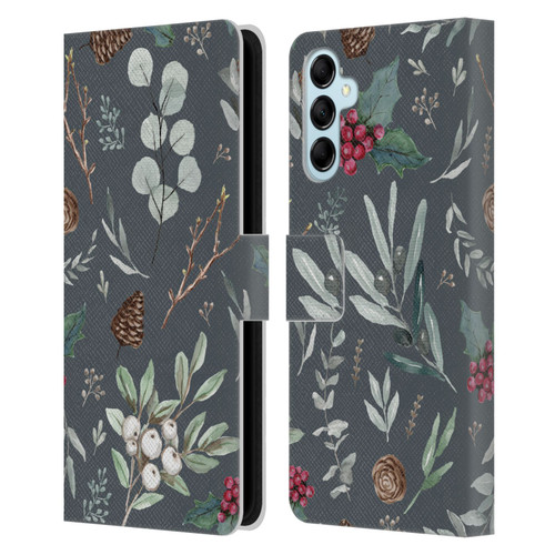 Anis Illustration Floral Pattern Christmas Eucalyptus Blue Leather Book Wallet Case Cover For Samsung Galaxy M14 5G