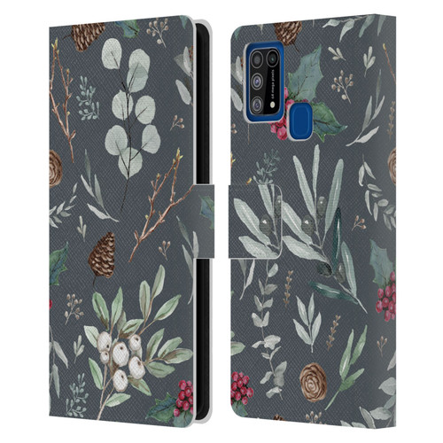 Anis Illustration Floral Pattern Christmas Eucalyptus Blue Leather Book Wallet Case Cover For Samsung Galaxy M31 (2020)