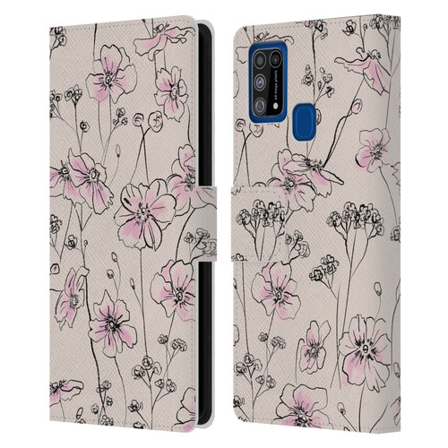 Anis Illustration Floral Pattern Wild Roses Beige Pink Leather Book Wallet Case Cover For Samsung Galaxy M31 (2020)